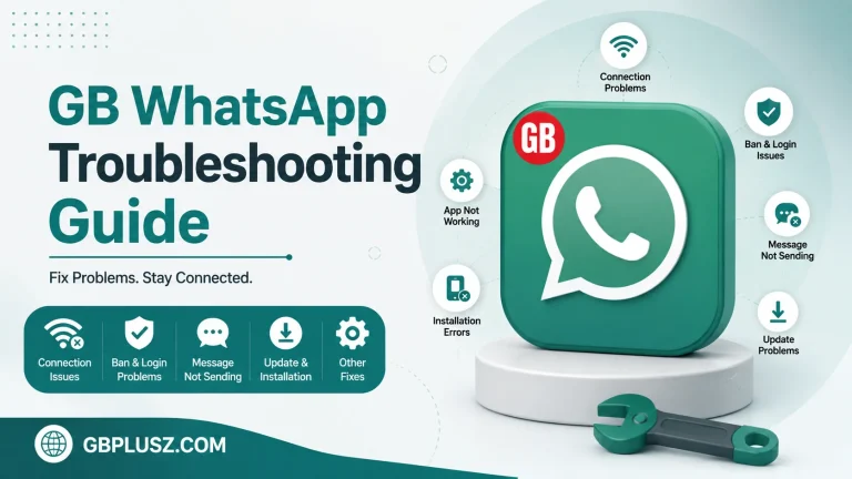 create image for my website gbplusz.com image size 1200x675 and use logo i gave you and this title GB WhatsApp Troubleshooting Guide